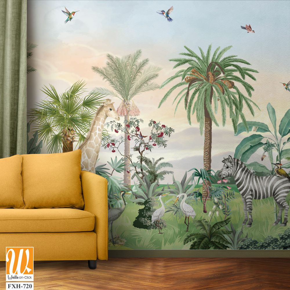 Tropical forest, wild wallpaper mural, jungle background, birds and animal. [WP-FXH-720]