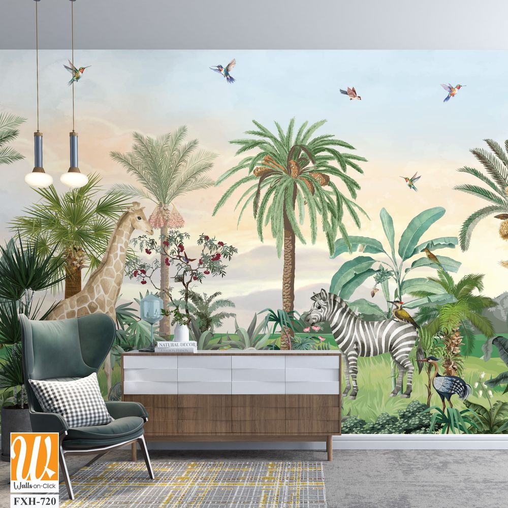 Tropical forest, wild wallpaper mural, jungle background, birds and animal. [WP-FXH-720]