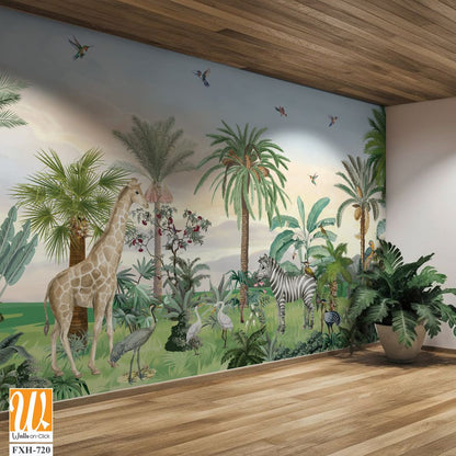 Tropical forest, wild wallpaper mural, jungle background, birds and animal. [WP-FXH-720]