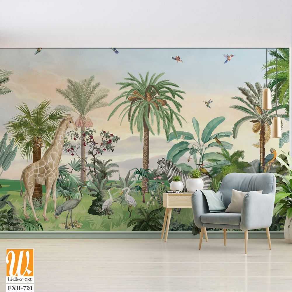 Tropical forest, wild wallpaper mural, jungle background, birds and animal. [WP-FXH-720]