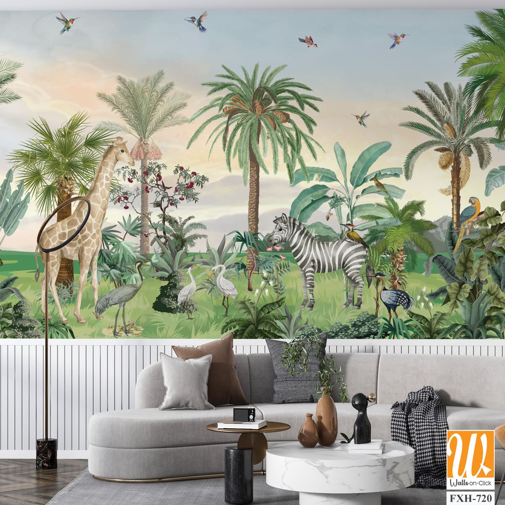 Tropical forest, wild wallpaper mural, jungle background, birds and animal. [WP-FXH-720]