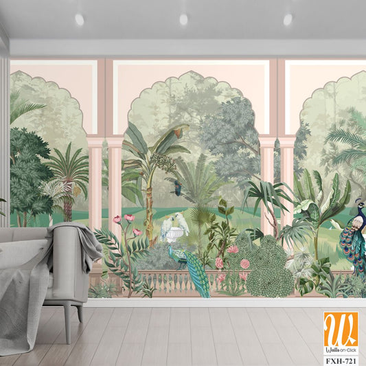 Jungle wall mural wallpaper, watercolor background, forest,birds, peacock. [WP-FXH-721]