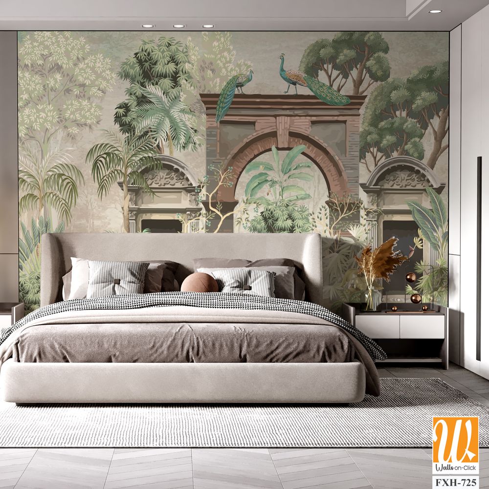 Tropical mural wallpaper , Mughal wallpaper,Tropical Palm Trees Natural Wall Mural Design, Peacock, Birds. [WP-FXH-725]