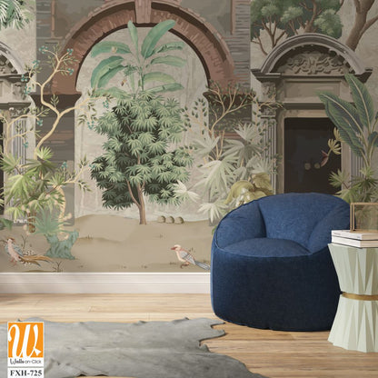 Tropical mural wallpaper , Mughal wallpaper,Tropical Palm Trees Natural Wall Mural Design, Peacock, Birds. [WP-FXH-725]