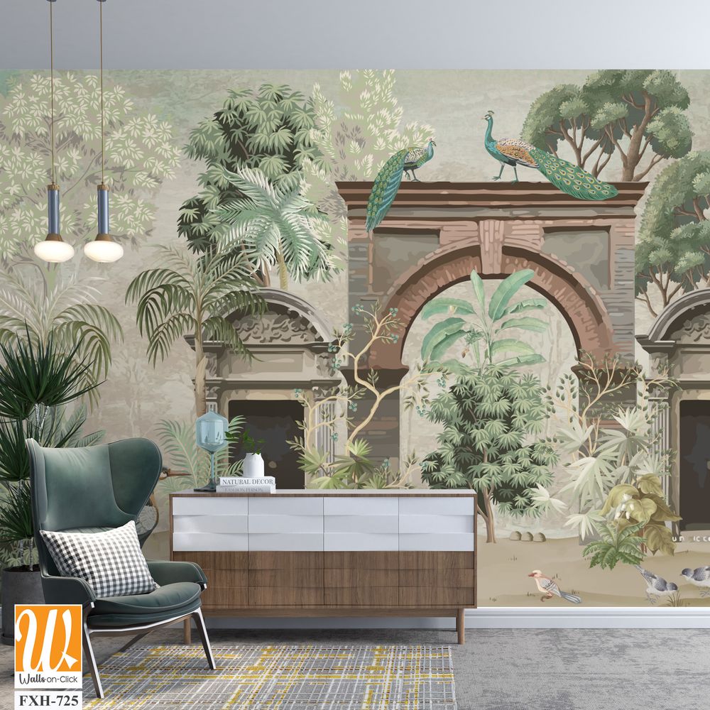 Tropical mural wallpaper , Mughal wallpaper,Tropical Palm Trees Natural Wall Mural Design, Peacock, Birds. [WP-FXH-725]