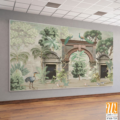 Tropical mural wallpaper , Mughal wallpaper,Tropical Palm Trees Natural Wall Mural Design, Peacock, Birds. [WP-FXH-725]