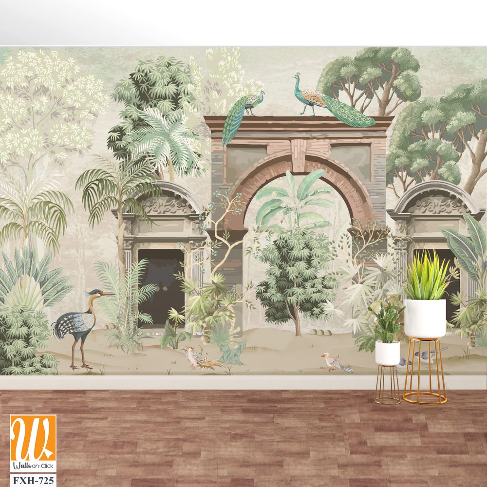 Tropical mural wallpaper , Mughal wallpaper,Tropical Palm Trees Natural Wall Mural Design, Peacock, Birds. [WP-FXH-725]