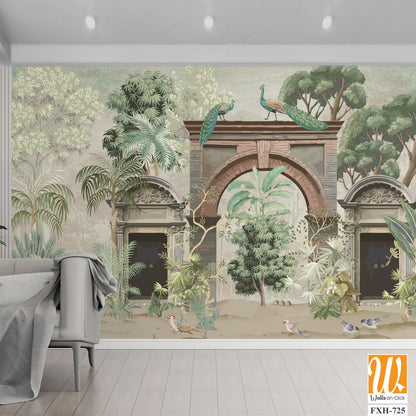 Tropical mural wallpaper , Mughal wallpaper,Tropical Palm Trees Natural Wall Mural Design, Peacock, Birds. [WP-FXH-725]