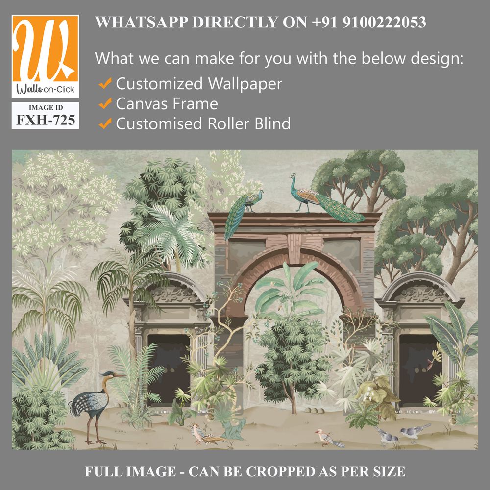 Tropical mural wallpaper , Mughal wallpaper,Tropical Palm Trees Natural Wall Mural Design, Peacock, Birds. [WP-FXH-725]