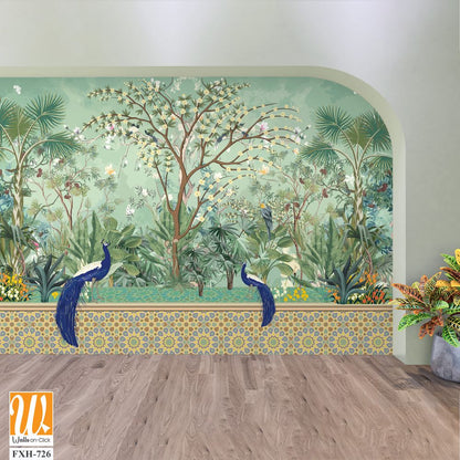 Moroccan garden , peacock wallpaper illustrations.Moroccan decorative wallpaper, palm tree, tropical plants illustration for wallpaper [WP-FXH-726]