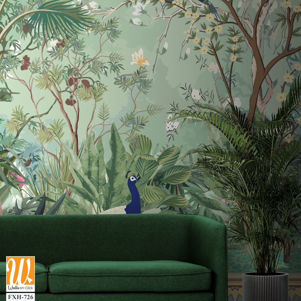 Moroccan garden , peacock wallpaper illustrations.Moroccan decorative wallpaper, palm tree, tropical plants illustration for wallpaper [WP-FXH-726]