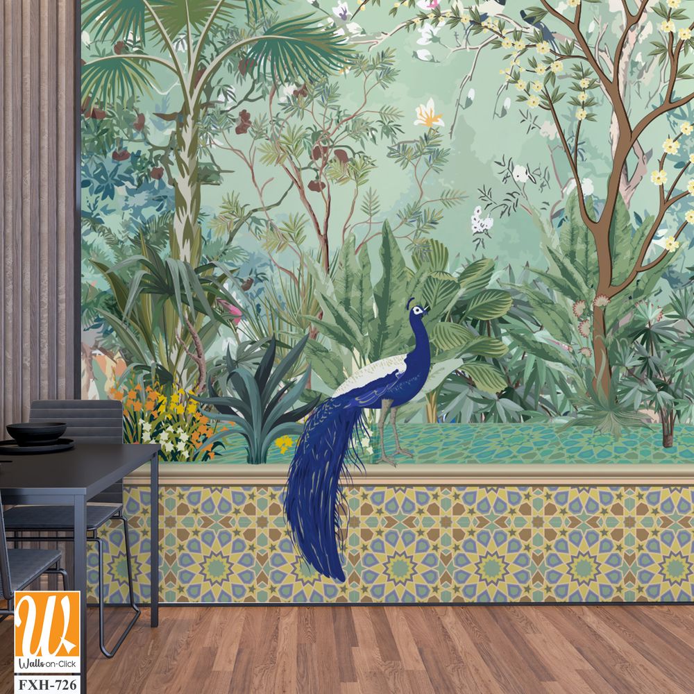 Moroccan garden , peacock wallpaper illustrations.Moroccan decorative wallpaper, palm tree, tropical plants illustration for wallpaper [WP-FXH-726]