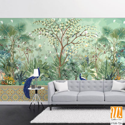 Moroccan garden , peacock wallpaper illustrations.Moroccan decorative wallpaper, palm tree, tropical plants illustration for wallpaper [WP-FXH-726]