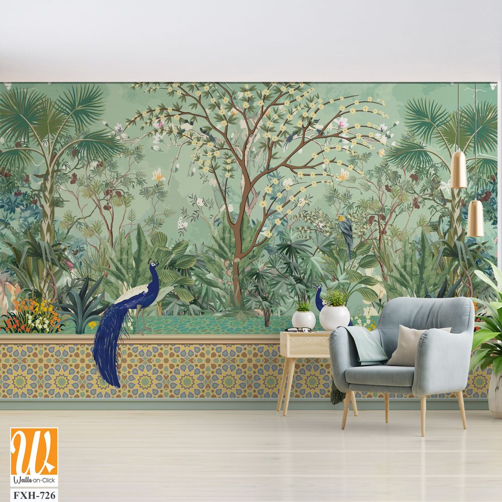 Moroccan garden , peacock wallpaper illustrations.Moroccan decorative wallpaper, palm tree, tropical plants illustration for wallpaper [WP-FXH-726]