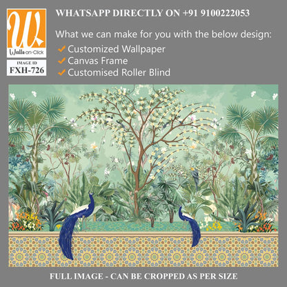 Moroccan garden , peacock wallpaper illustrations.Moroccan decorative wallpaper, palm tree, tropical plants illustration for wallpaper [WP-FXH-726]