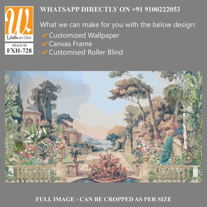 Victorian garden with peacock and Mediterranean architecture in watercolor Illustration for wallpaper [WP-FXH-728]