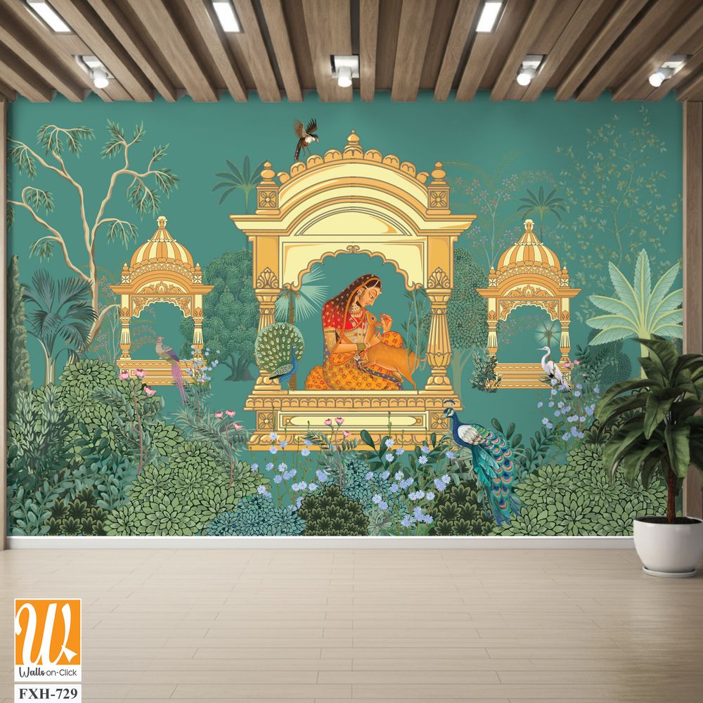 Traditional Mughal queen sitting in garden, arch landscape wallpaper. Mughal wedding invitation wallpaper design. [WP-FXH-729]