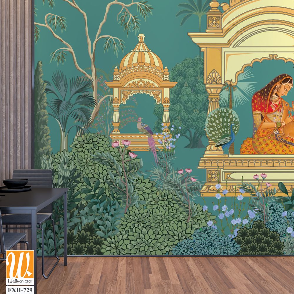 Traditional Mughal queen sitting in garden, arch landscape wallpaper. Mughal wedding invitation wallpaper design. [WP-FXH-729]