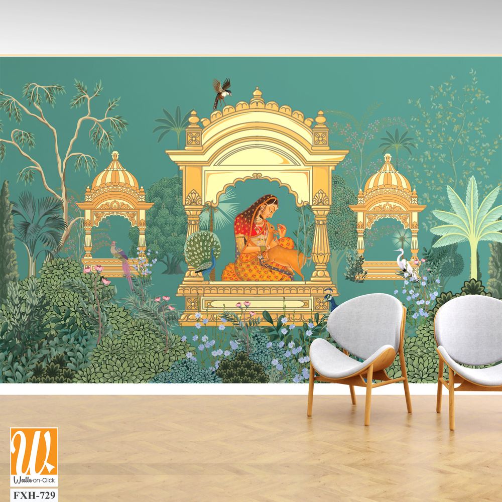 Traditional Mughal queen sitting in garden, arch landscape wallpaper. Mughal wedding invitation wallpaper design. [WP-FXH-729]