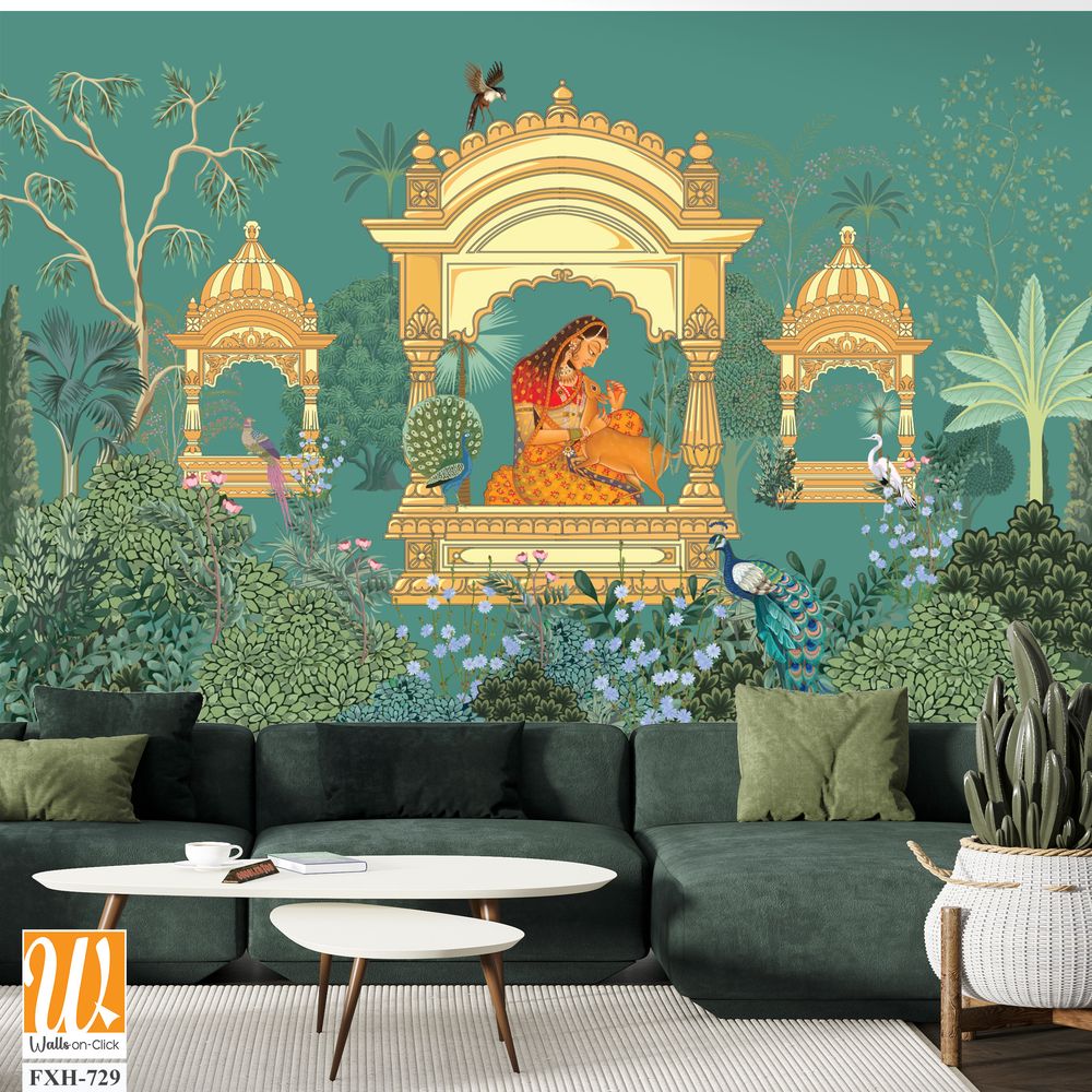 Traditional Mughal queen sitting in garden, arch landscape wallpaper. Mughal wedding invitation wallpaper design. [WP-FXH-729]