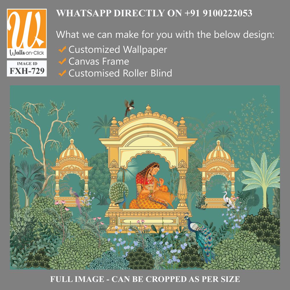 Traditional Mughal queen sitting in garden, arch landscape wallpaper. Mughal wedding invitation wallpaper design. [WP-FXH-729]