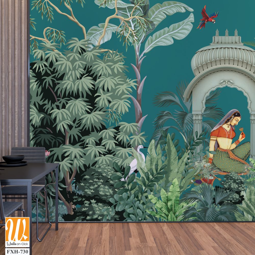 Traditional Mughal queen sitting in garden, arch landscape wallpaper. Traditional Mughal forest garden illustration. Mughal miniature and wall painting. [WP-FXH-730]