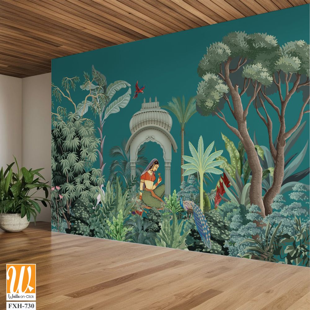 Traditional Mughal queen sitting in garden, arch landscape wallpaper. Traditional Mughal forest garden illustration. Mughal miniature and wall painting. [WP-FXH-730]