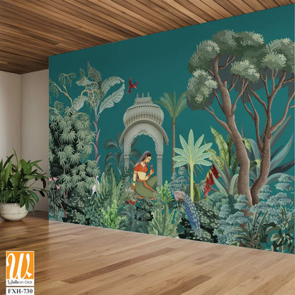 Traditional Mughal queen sitting in garden, arch landscape wallpaper. Traditional Mughal forest garden illustration. Mughal miniature and wall painting. [WP-FXH-730]