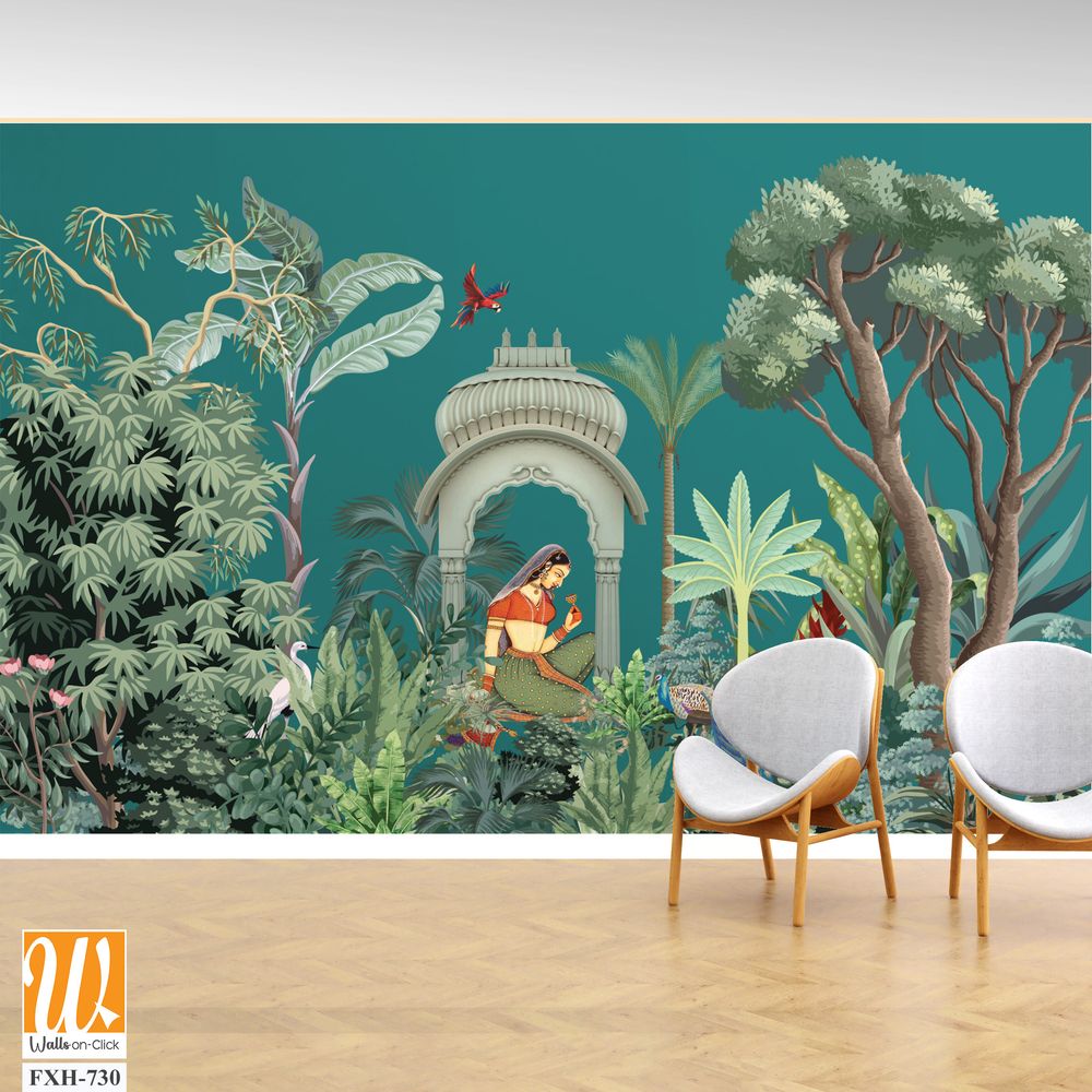 Traditional Mughal queen sitting in garden, arch landscape wallpaper. Traditional Mughal forest garden illustration. Mughal miniature and wall painting. [WP-FXH-730]