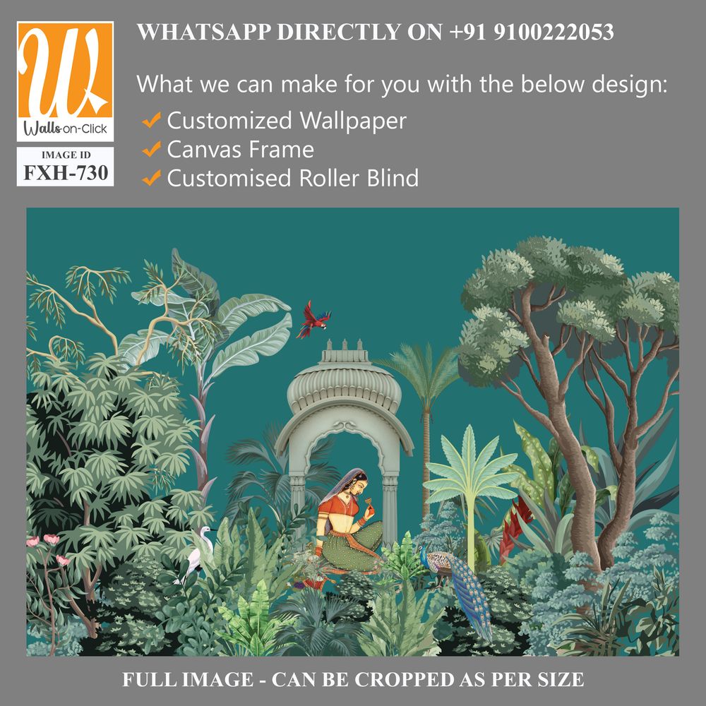 Traditional Mughal queen sitting in garden, arch landscape wallpaper. Traditional Mughal forest garden illustration. Mughal miniature and wall painting. [WP-FXH-730]