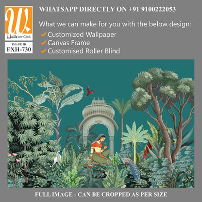 Traditional Mughal queen sitting in garden, arch landscape wallpaper. Traditional Mughal forest garden illustration. Mughal miniature and wall painting. [WP-FXH-730]