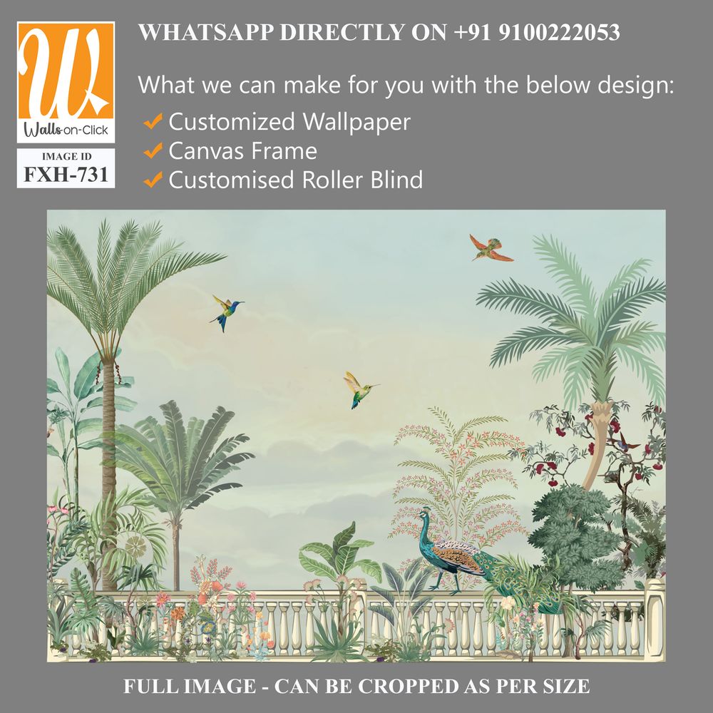 Mughal garden wallpaper, wallpaper mural design, Peacock,birds, watercolor background. [WP-FXH-731]