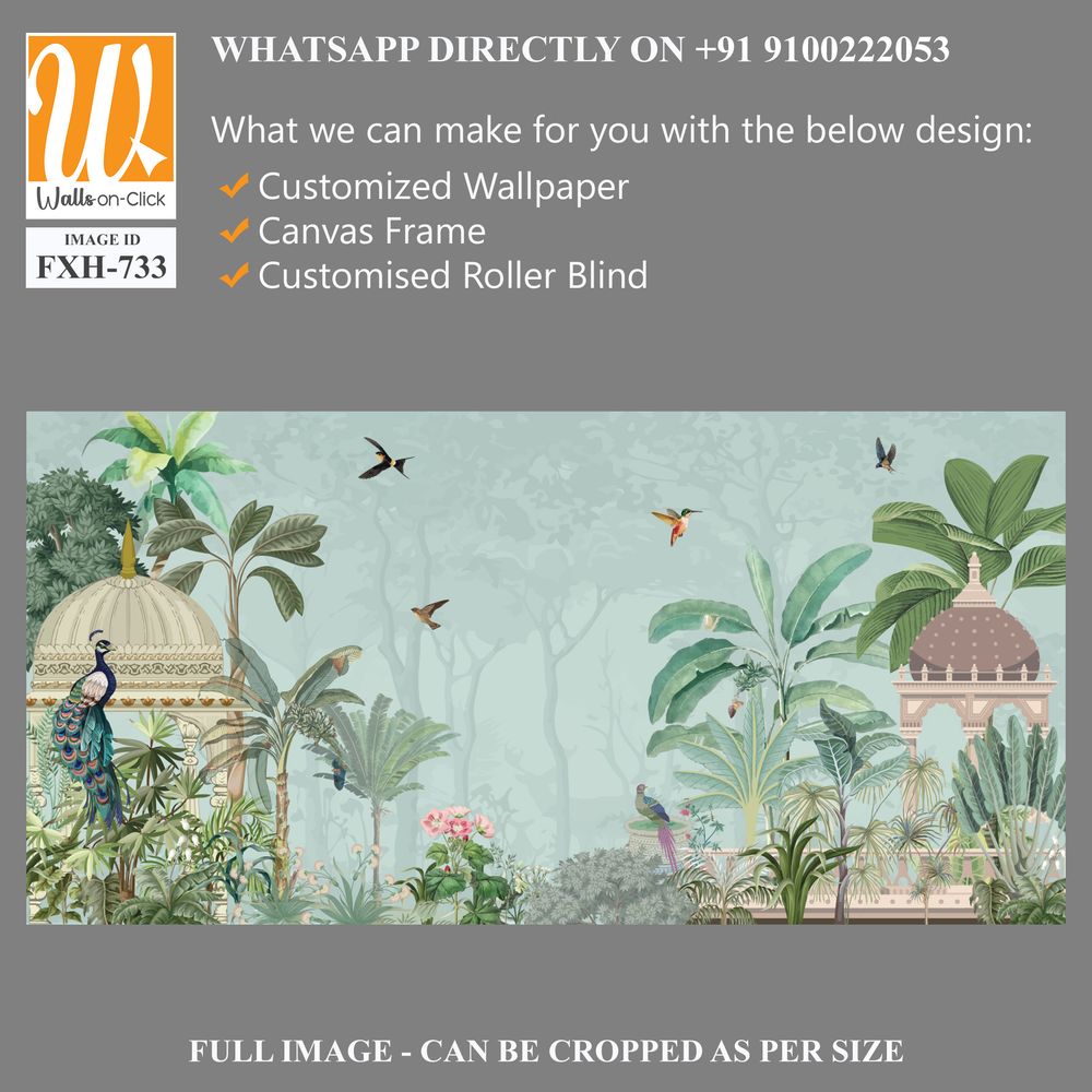 Traditional mughal garden Illustration, Mughal mural wallpaper Design, Birds, Peacock, Watercolor Background. [WP-FXH-733]