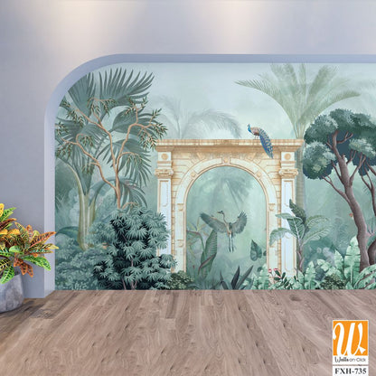 Traditional Mughal garden, peacock, plant botanical illustration. Mural wallpaper design, landscape illustration. [WP-FXH-735]