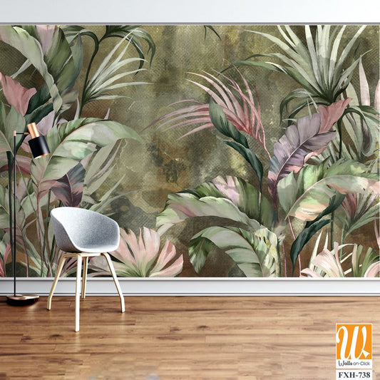 Bright tropical leaves on a textured background, pattern in green tones, photo wallpaper for the interior. [WP-FXH-738]