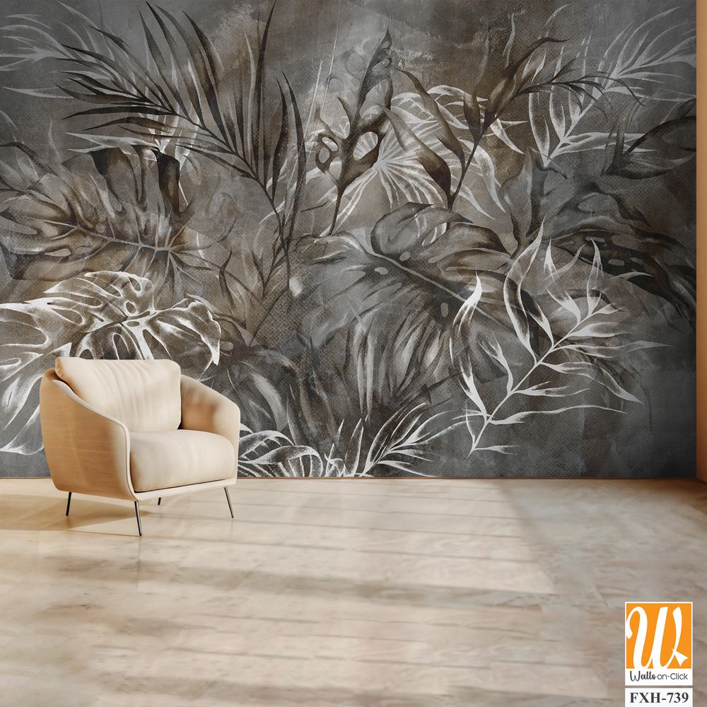 Texture background in gray and beige tones depicting leaves, art drawing, photo wallpaper for the interior [WP-FXH-739]