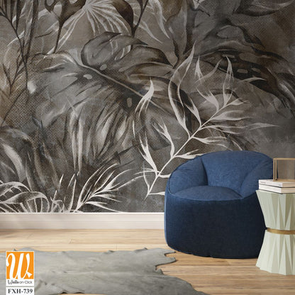 Texture background in gray and beige tones depicting leaves, art drawing, photo wallpaper for the interior [WP-FXH-739]