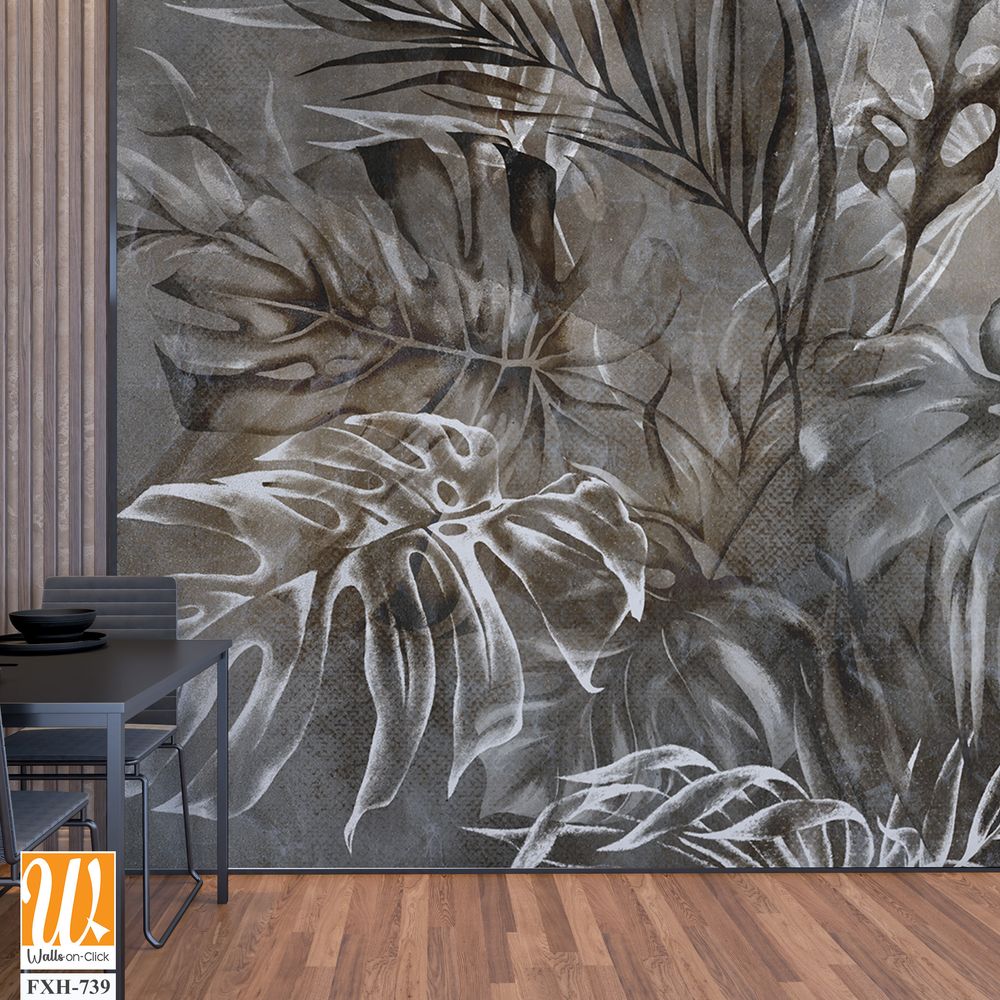 Texture background in gray and beige tones depicting leaves, art drawing, photo wallpaper for the interior [WP-FXH-739]