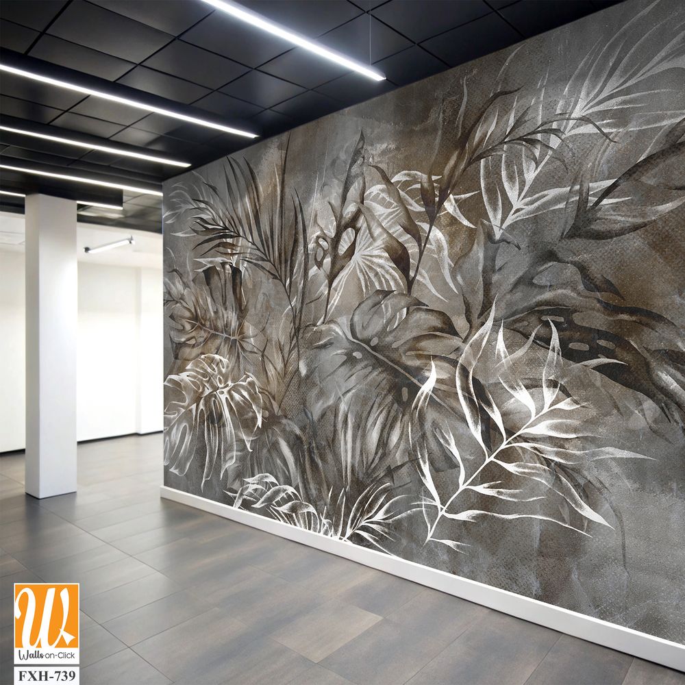 Texture background in gray and beige tones depicting leaves, art drawing, photo wallpaper for the interior [WP-FXH-739]