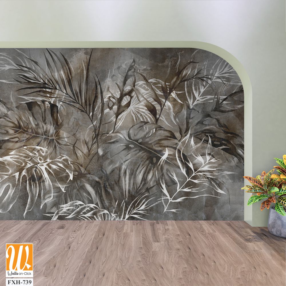 Texture background in gray and beige tones depicting leaves, art drawing, photo wallpaper for the interior [WP-FXH-739]