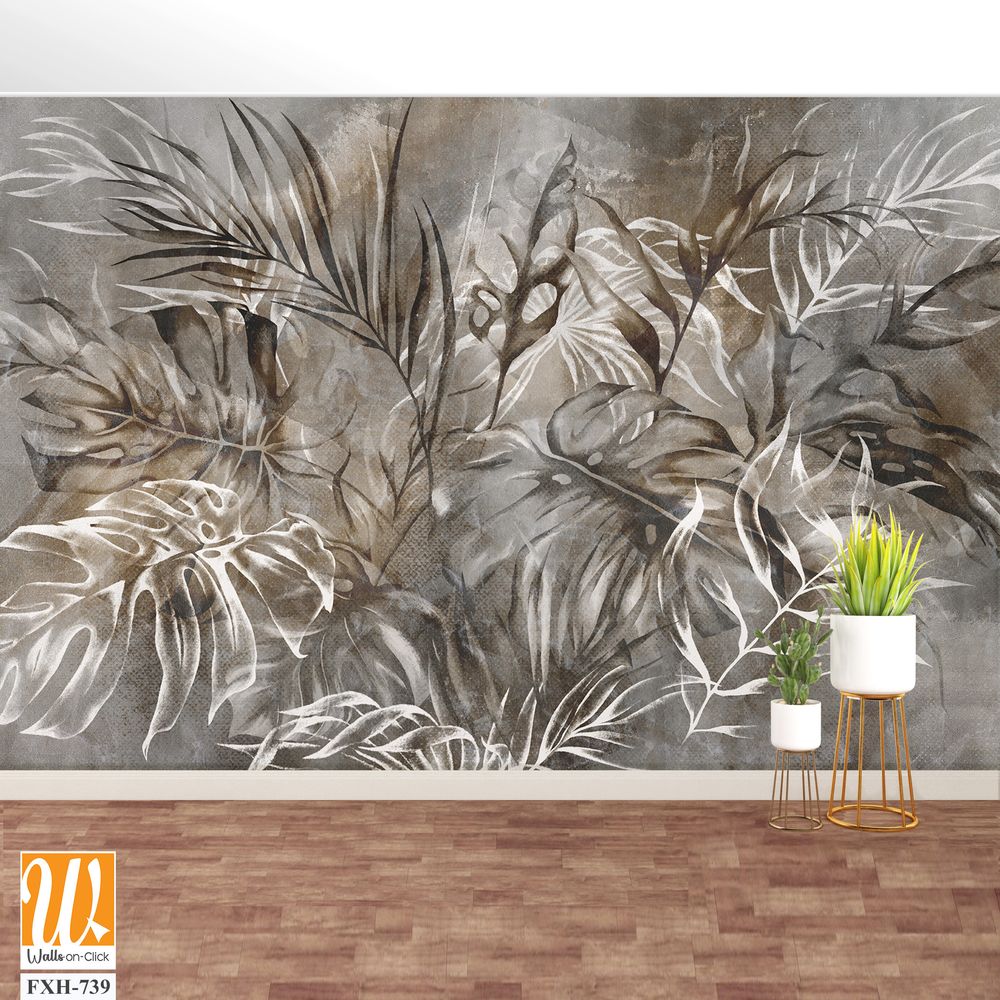 Texture background in gray and beige tones depicting leaves, art drawing, photo wallpaper for the interior [WP-FXH-739]