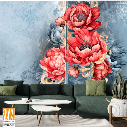 Red large buds of peonies with monograms on a textured blue background, photo wallpaper for the interior. [WP-FXH-740]