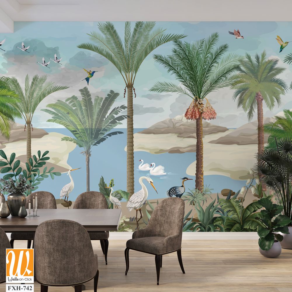 South Asian Subcontinent Mural, Plam tree, Birds, Watercolor background. [WP-FXH-742]