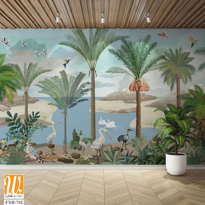 South Asian Subcontinent Mural, Plam tree, Birds, Watercolor background. [WP-FXH-742]