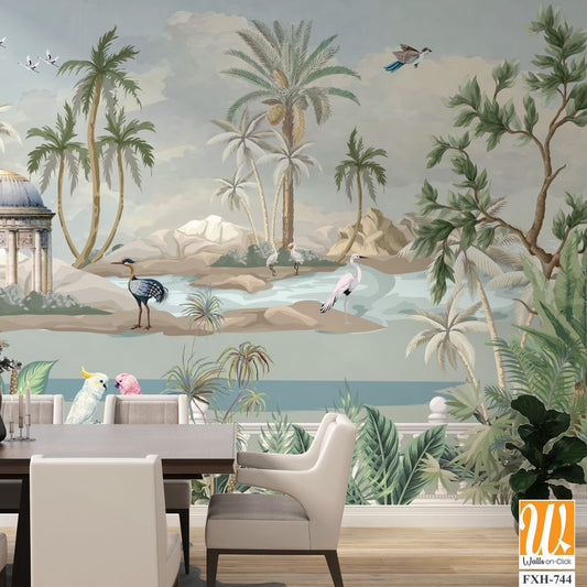 Botanical Mural Landscape, Mughal Mural, Tropical Background with Dom and Birds. [WP-FXH-744]