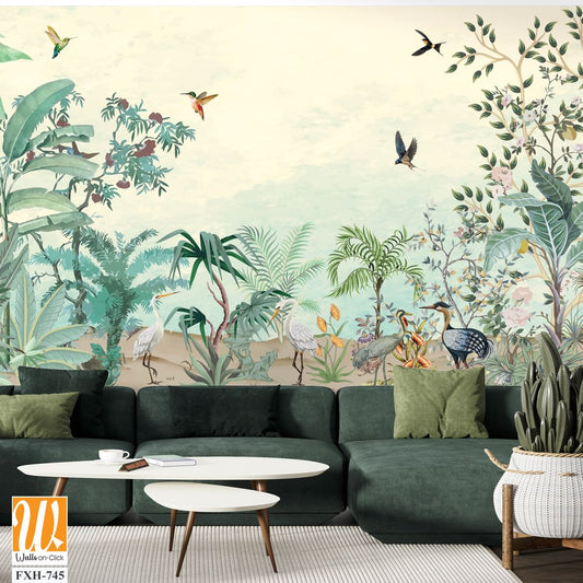 Natural High Quality Mural Design, Tropical Mural wall Design, Watercolor Background with brids. [WP-FXH-745]