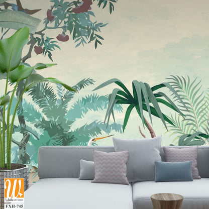 Natural High Quality Mural Design, Tropical Mural wall Design, Watercolor Background with brids. [WP-FXH-745]