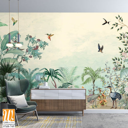 Natural High Quality Mural Design, Tropical Mural wall Design, Watercolor Background with brids. [WP-FXH-745]