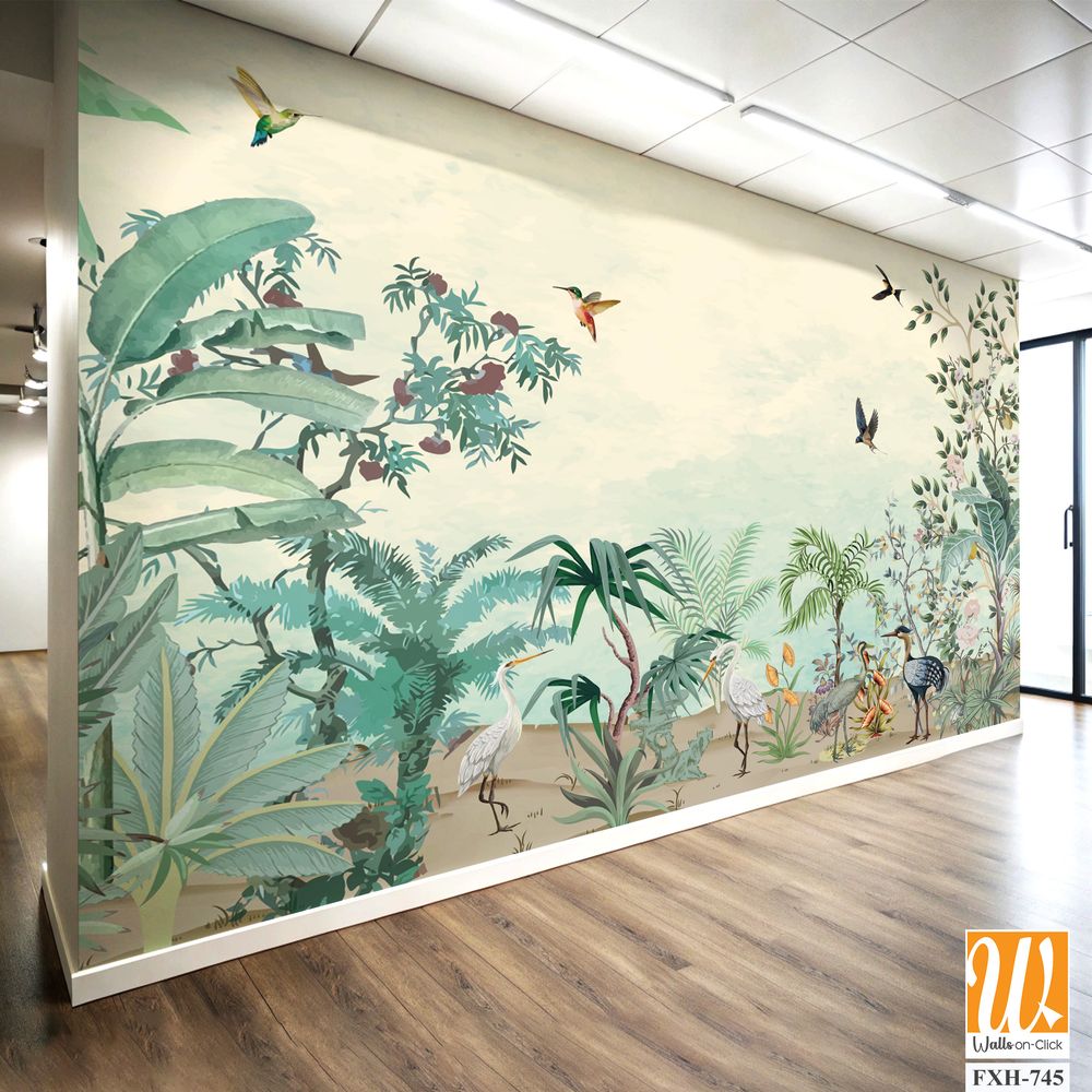 Natural High Quality Mural Design, Tropical Mural wall Design, Watercolor Background with brids. [WP-FXH-745]