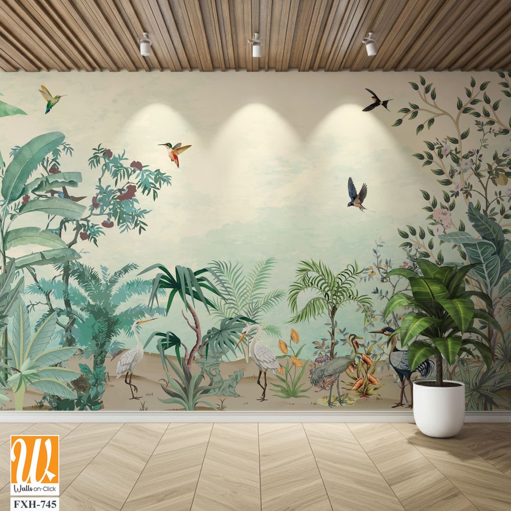 Natural High Quality Mural Design, Tropical Mural wall Design, Watercolor Background with brids. [WP-FXH-745]